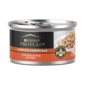 A can of Purina Pro Plan Complete Essentials chicken and rice entree wet cat food.