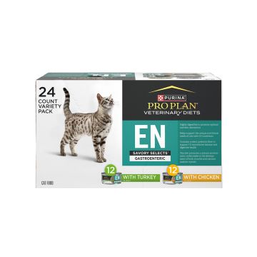24 count box of Purina Pro Plan Veterinary Diets EN gastroenteric wet cat food variety pack.