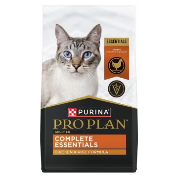 A bag of Pro Plan Complete Essentials chicken and rice dry cat food.