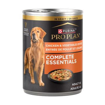 Purina Pro Plan Complete Essentials Chicken and Vegetables in gravy wet dog food.