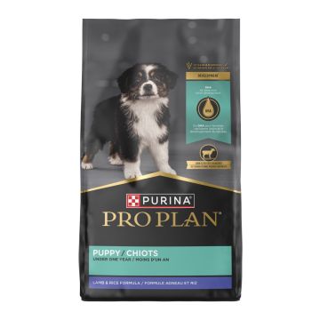 A bag of Purina Pro Plan development lamb and rice dry puppy food.