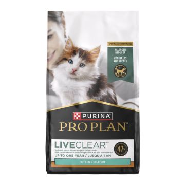 A bag of Purina Pro Plan LiveClear dry kitten food.
