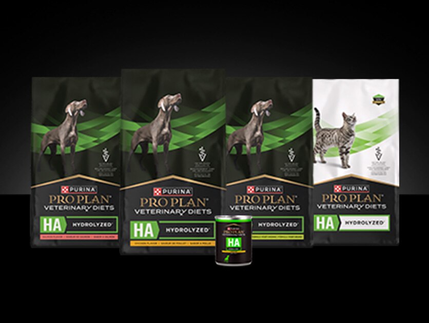 Lineup of Pro Plan Veterinary HA Hydrolyzed&reg; formula packages.
