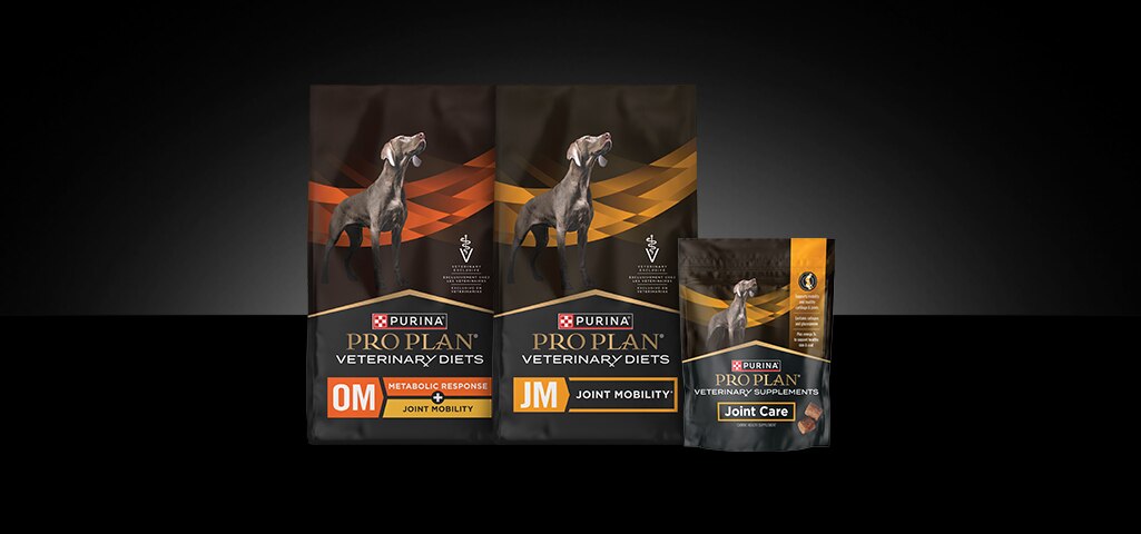 Lineup of Pro Plan Veterinary Diets joint care canine formulas.