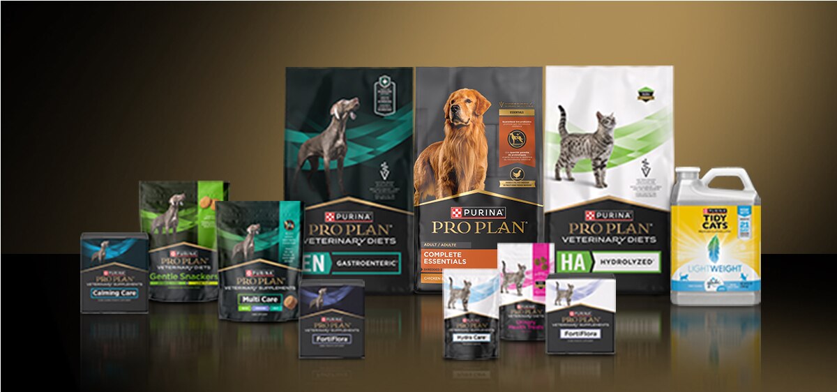 Lineup of canine and feline Pro Plan Diets, Veterinary Diets and Supplements, and litter.