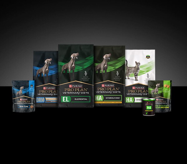 Lineup of Pro Plan Veterinary allergy-focused products.