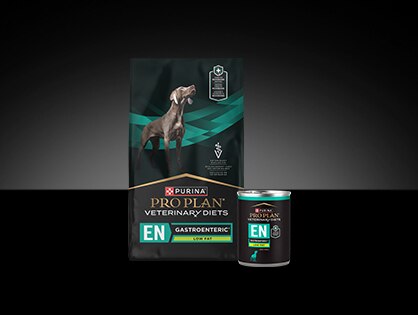 Pro Plan Veterinary Diet EN Gastroenteric® Low Fat canine dry and wet formula packages.