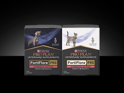 Canine and feline Pro Plan Veterinary Supplements FortiFlora&reg; PRO Synbiotic Action Probiotic packages.