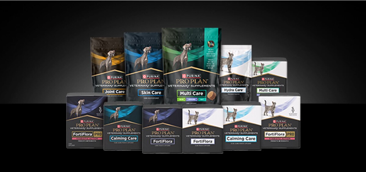 Lineup of canine and feline Pro Plan Veterinary Supplements.
