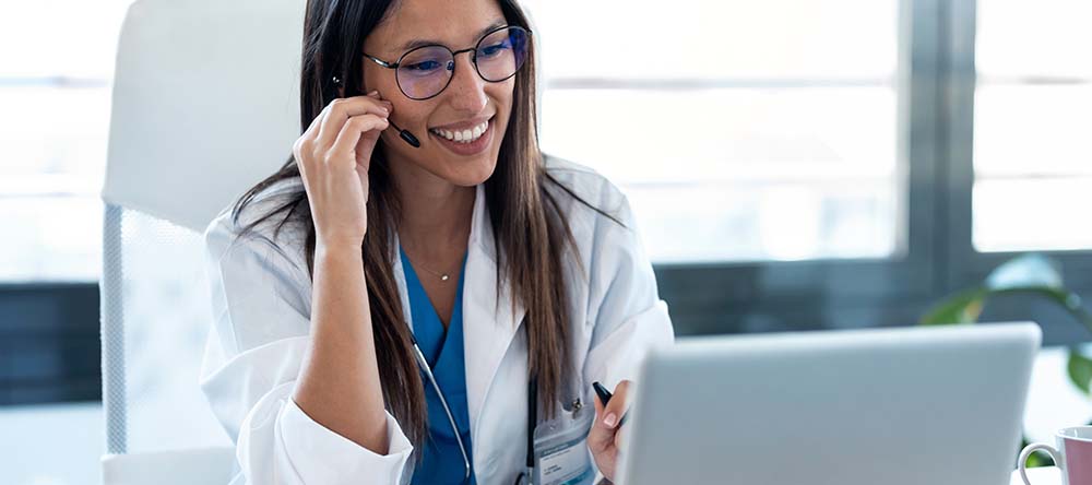 A vet on a call using a headset